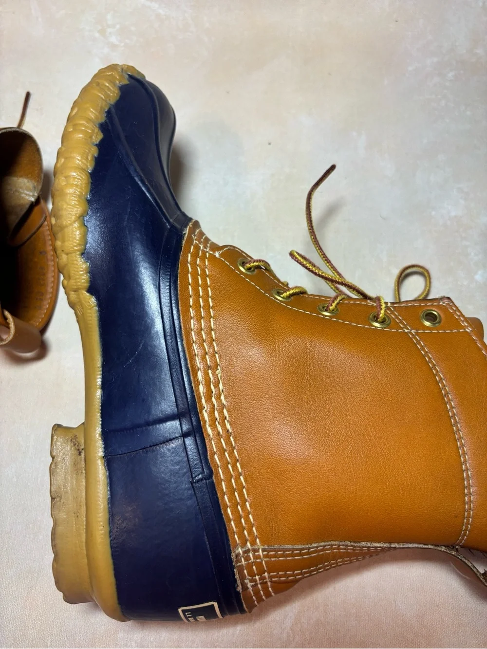 L.L. Bean Women’s Bean Boots, Tan Leather & Navy, waterproof hunting, 9 LM